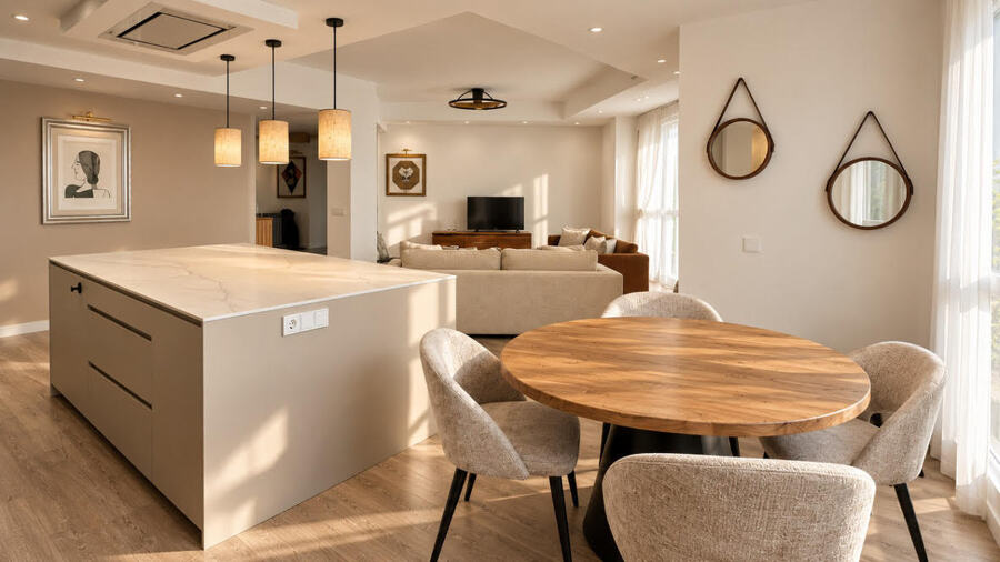 Salón, comedor y cocina del proyecto de interiorismo en Plaza de los Sitios, Zaragoza